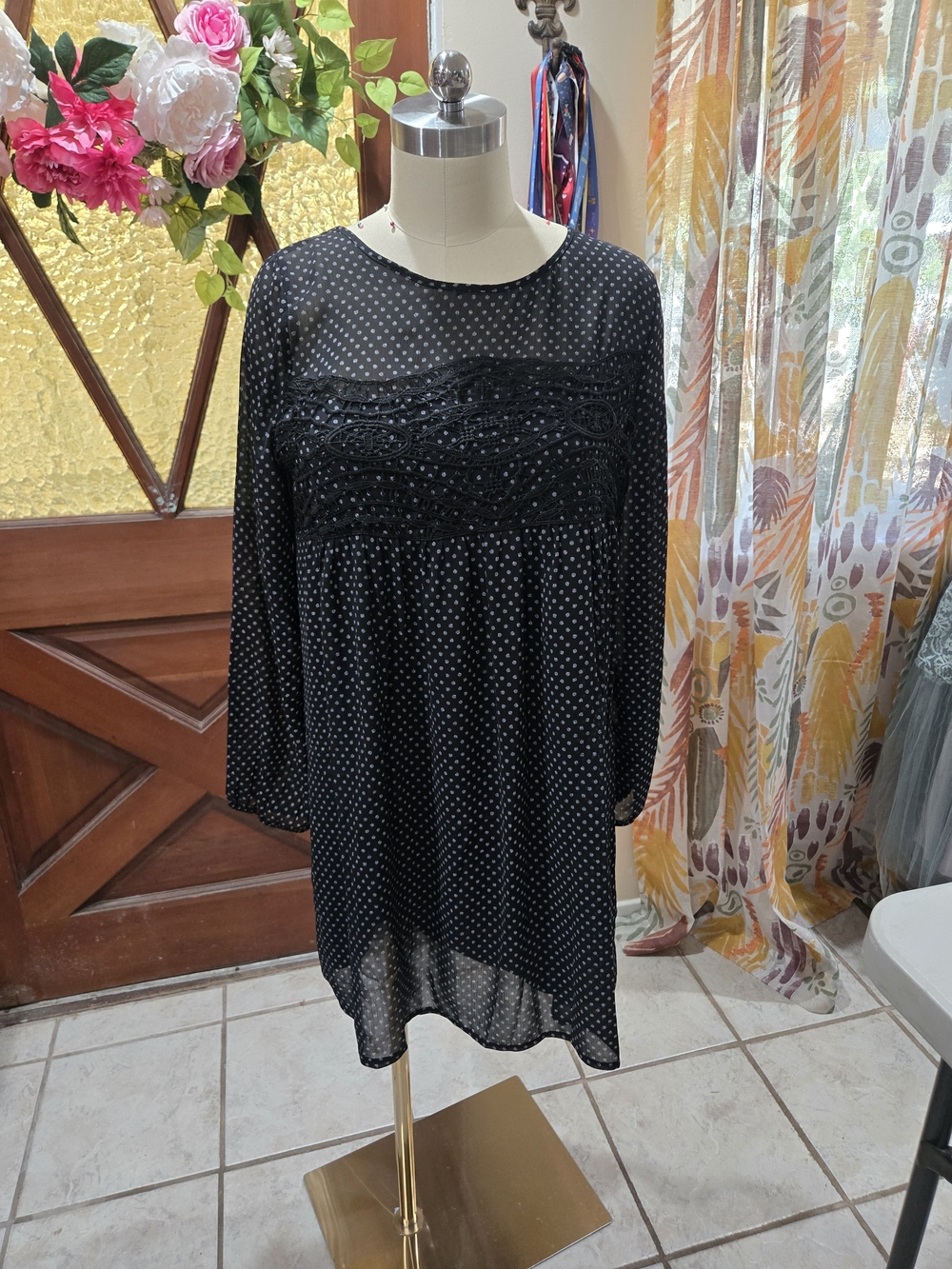 Xhilaration Black Polka Dot Mini Dress with Lace Yoke